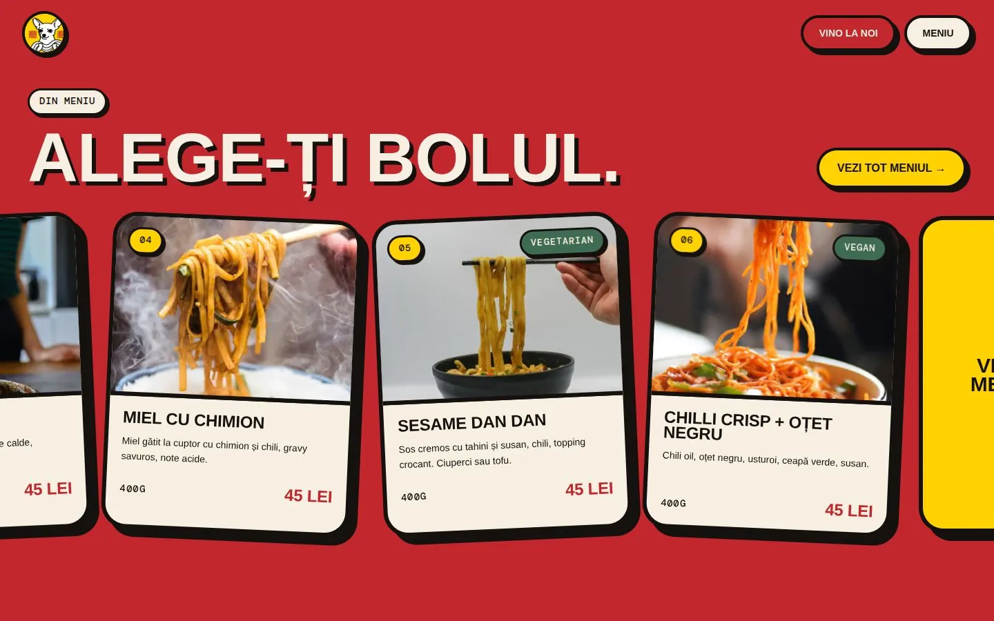 Meniul: fiecare bol cu descriere, gramaj si pret